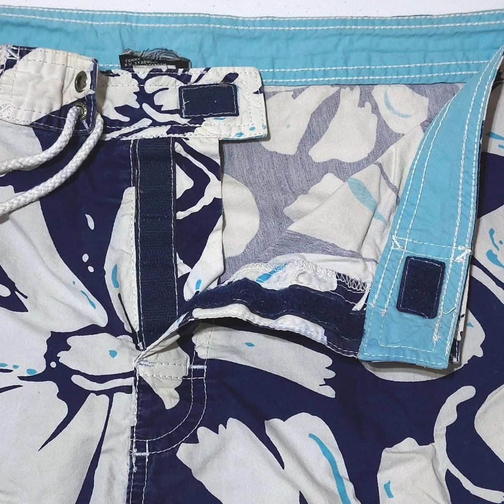 Tommy Hilfiger Floral Board Shorts Mens Large Swim Trunks Navy White Y2K Surf